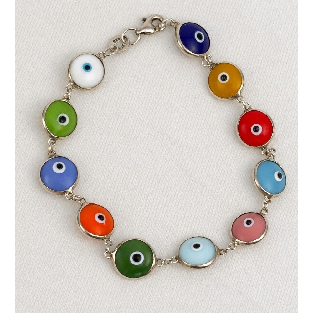925 Sterling Silver Multicolor Evil Eye Bracelet 7.5in Nazar Protection 7.51g